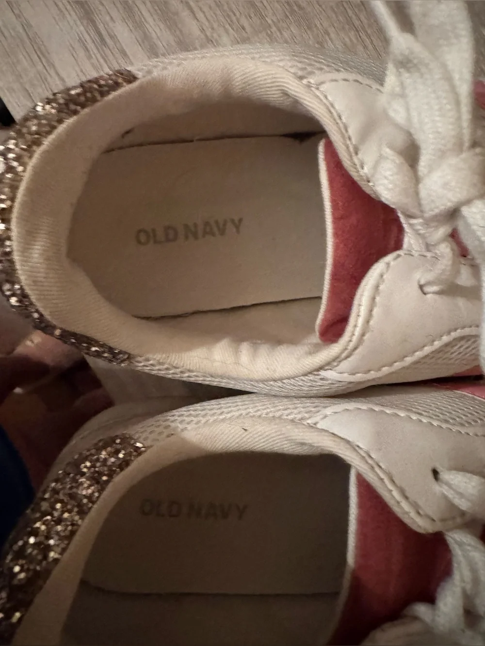 Old Navy White Sneakers with Pink Stripe and Gold Heel